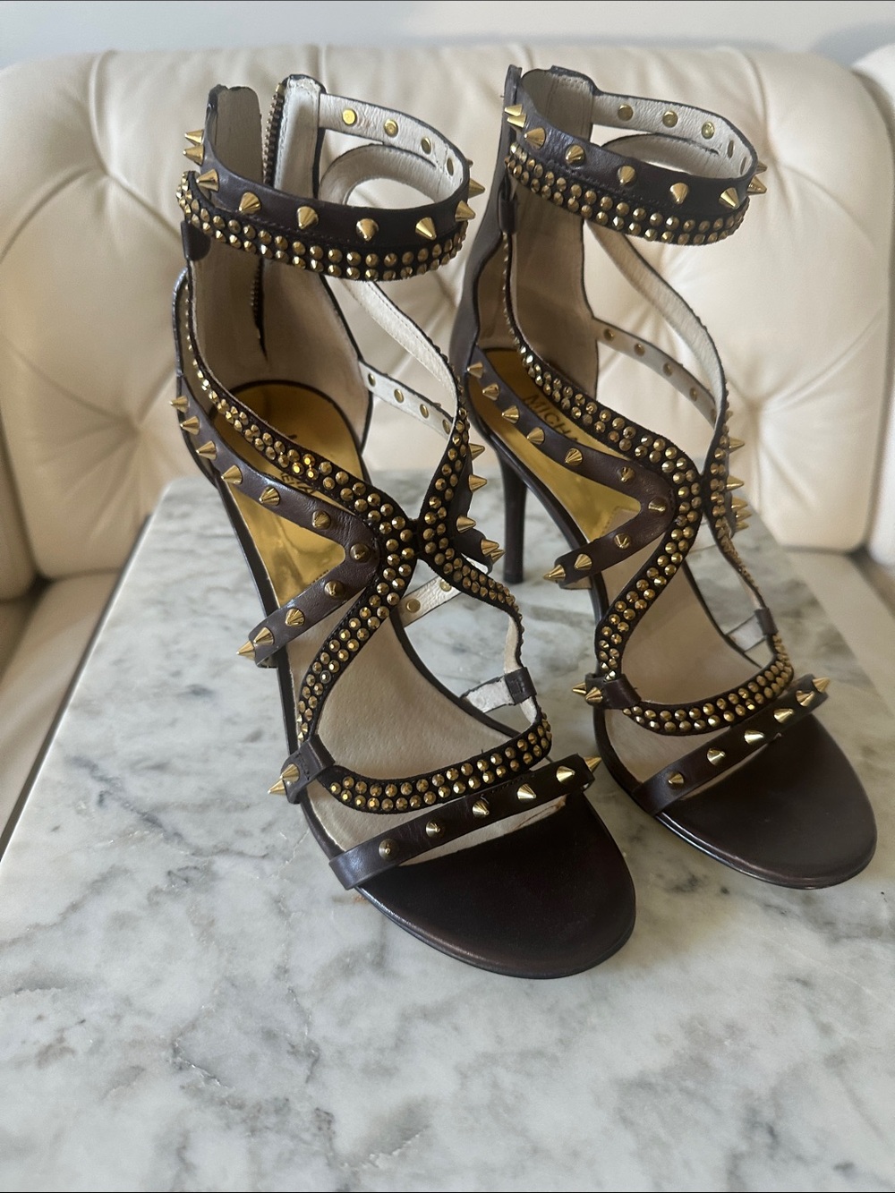 Michael Kors Brown leather, Gold Studded High-Heel Sandals
